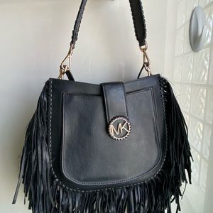 Michael Kors Black Leather Fringe Crossbody Bag with Gold Logo